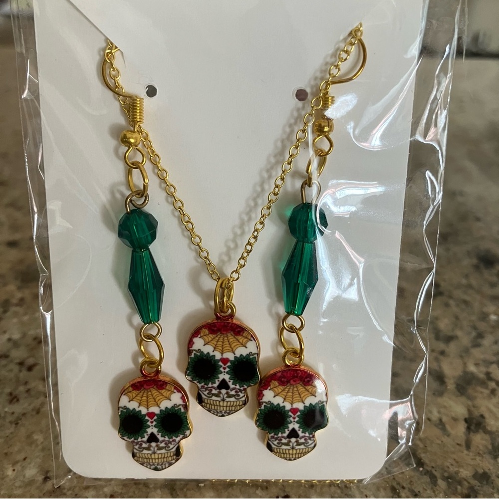 Sugar Skull Earrings Necklace Set For Dia De Los Muertos, Day Of Dead